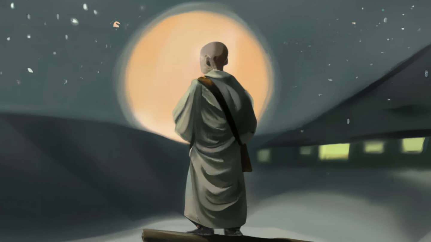 A digital art image of a buddhist monk watching the full moon at night
