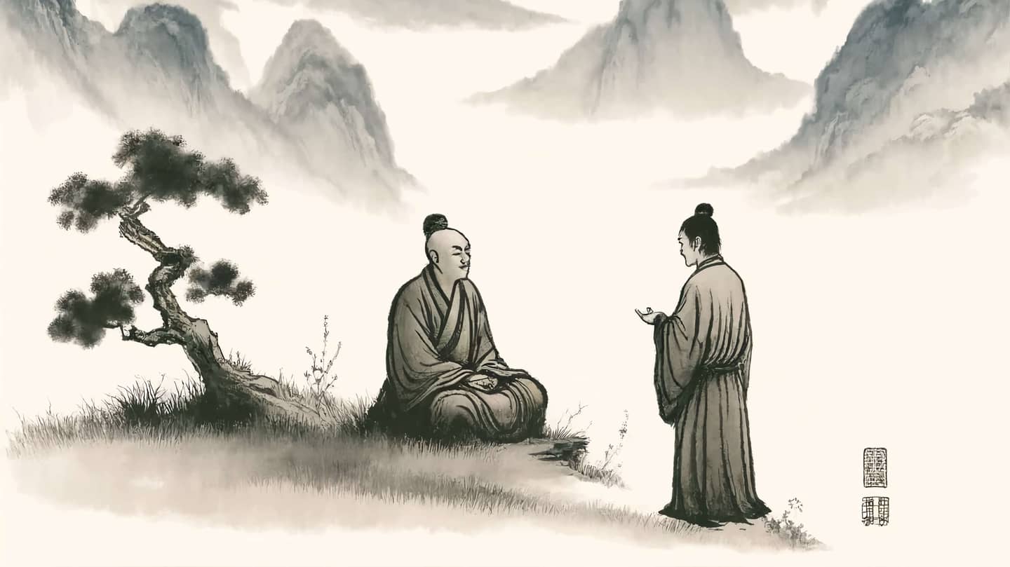 An AI-generated ink painting in traditional Japanese style of a Buddhist Master and a student in a mountainous setting.