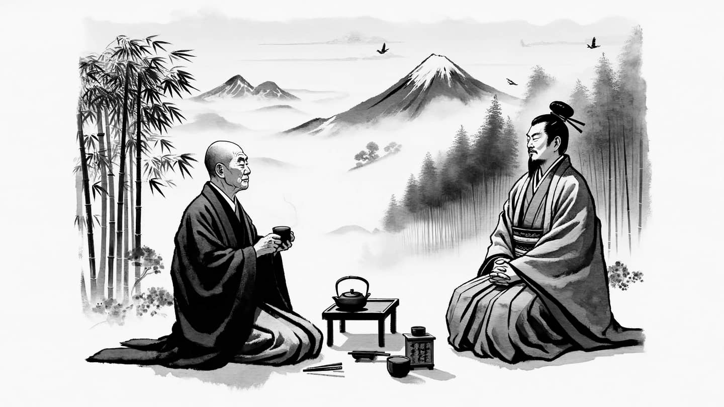 An AI-generated image in traditional Japanese style of a CEO and a Master.