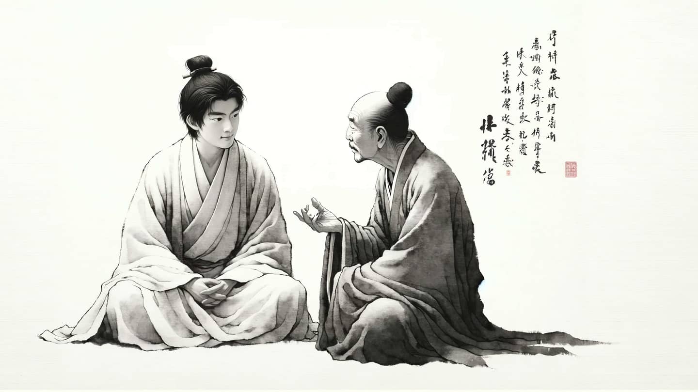 An AI-generated painting in traditional Japanese style of a young graduate and a Master.