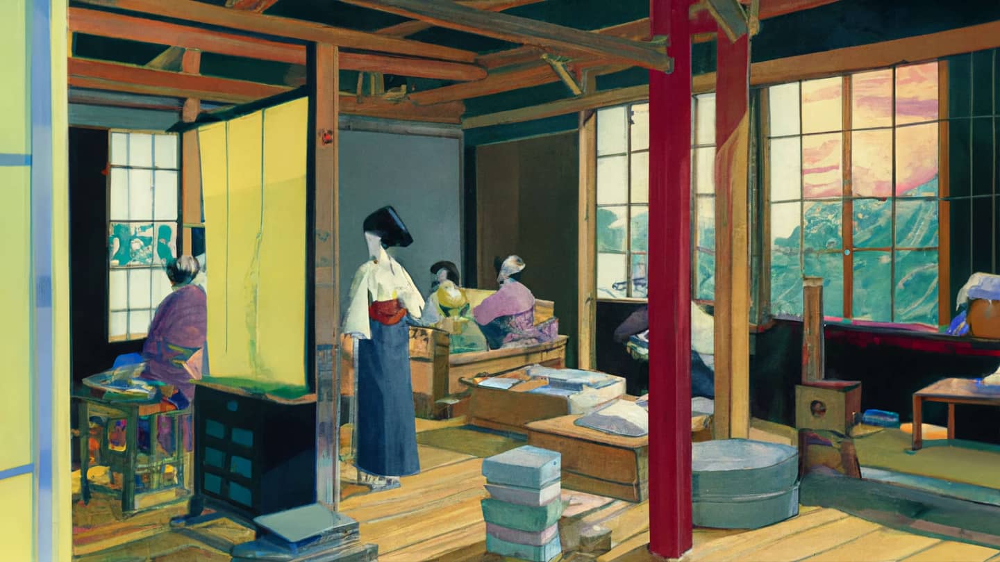An AI-generated painting in traditional Japanese style of a tailor's workshop.